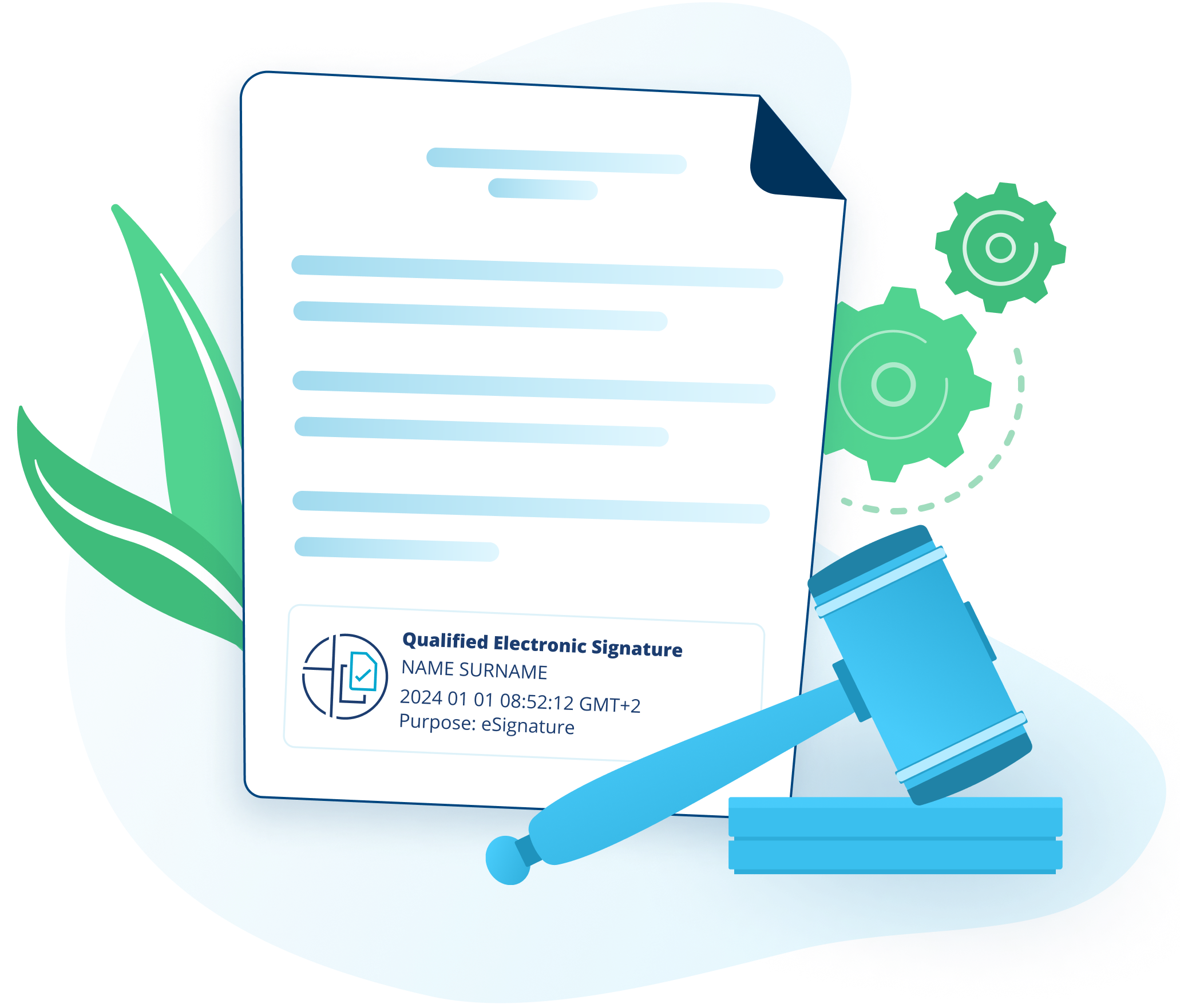 Illustration of a court-admissible document with a qualified electronic signature, accompanied by a gavel and gears symbolizing legal compliance and efficiency